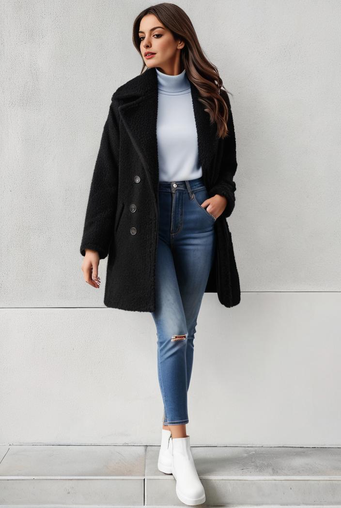 warm and stylish double breasted teddy coat for winter with long sleeves for women 126069