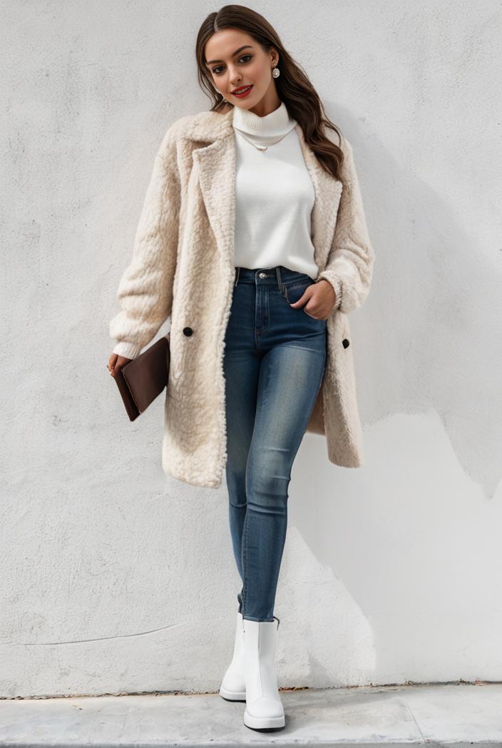 warm and stylish double breasted teddy coat for winter with long sleeves for women 126089
