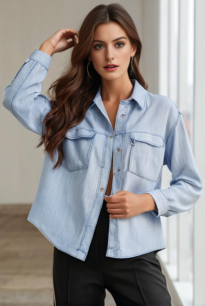women s distressed blue denim jacket with flap pockets and lapel stylish long sleeve coat 126777