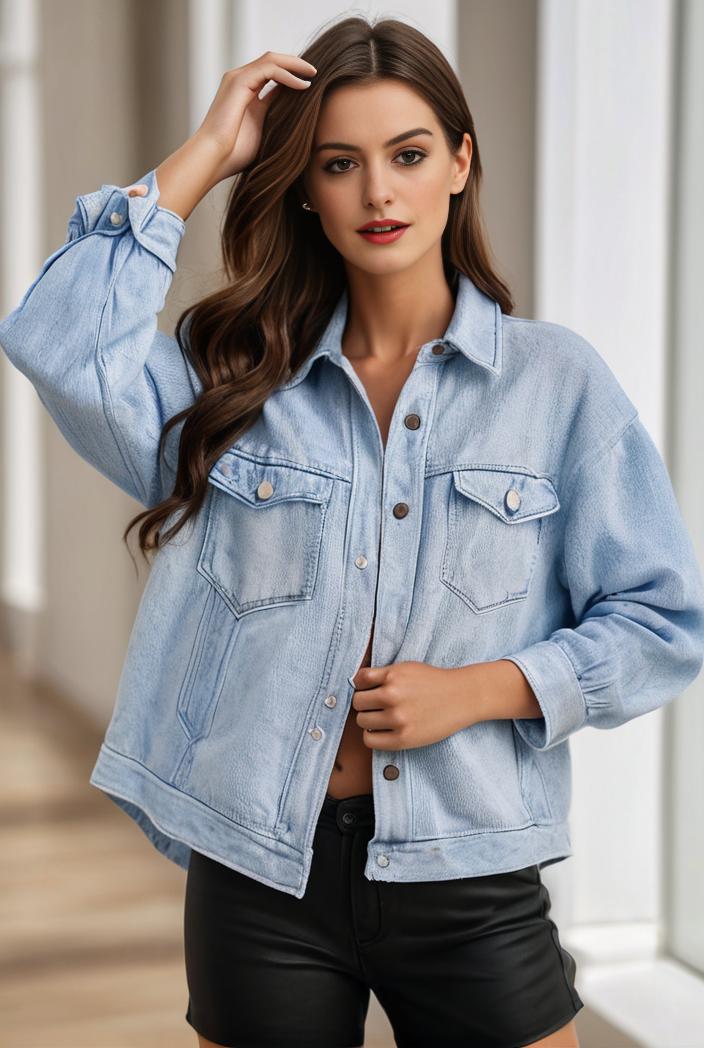 women s distressed blue denim jacket with flap pockets and lapel stylish long sleeve coat 126779