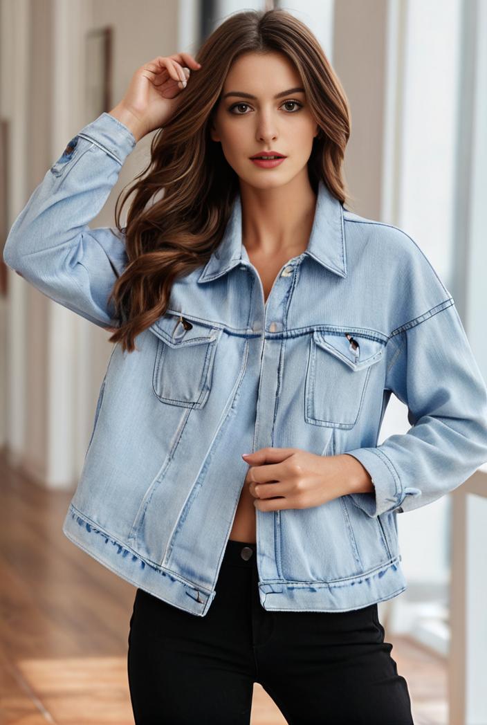 women s distressed blue denim jacket with flap pockets and lapel stylish long sleeve coat 126782