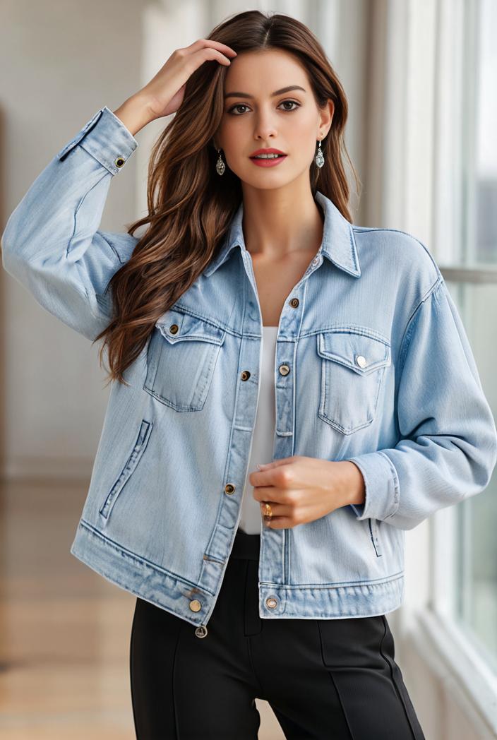 women s distressed blue denim jacket with flap pockets and lapel stylish long sleeve coat 126783