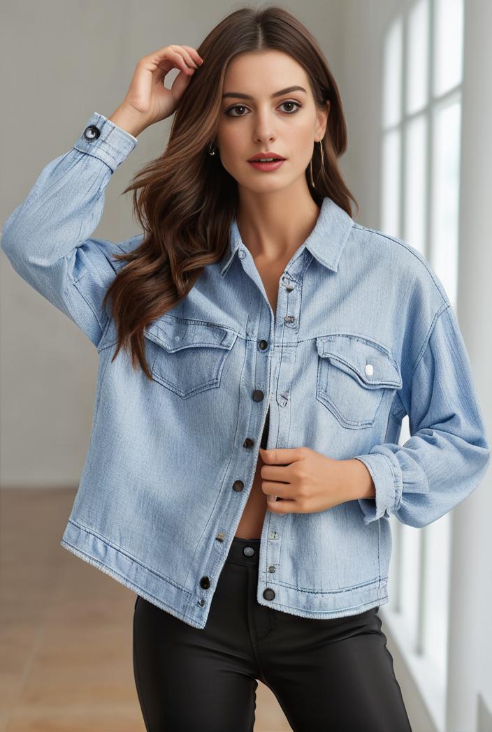 women s distressed blue denim jacket with flap pockets and lapel stylish long sleeve coat 126784