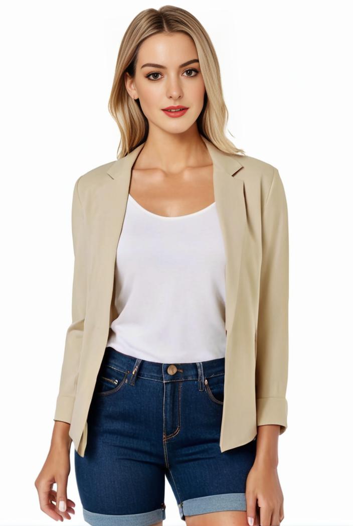 women s solid open front blazer with long sleeves for office wear 127580