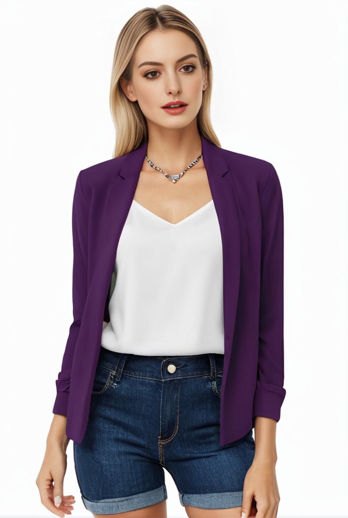 women s solid open front blazer with long sleeves for office wear 127586