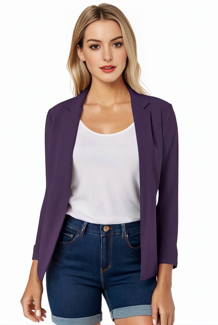 women s solid open front blazer with long sleeves for office wear 127588