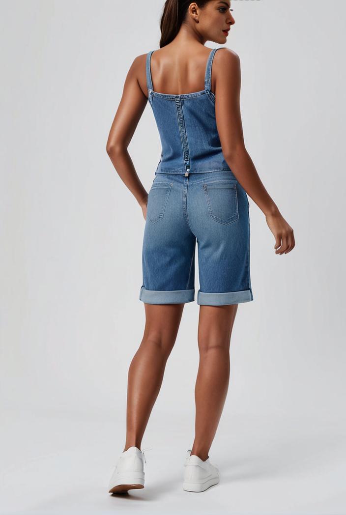 blue denim jumpsuit with distressed ripped details for women 129256