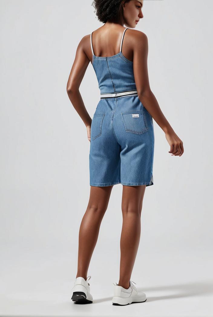 blue denim jumpsuit with distressed ripped details for women 129257