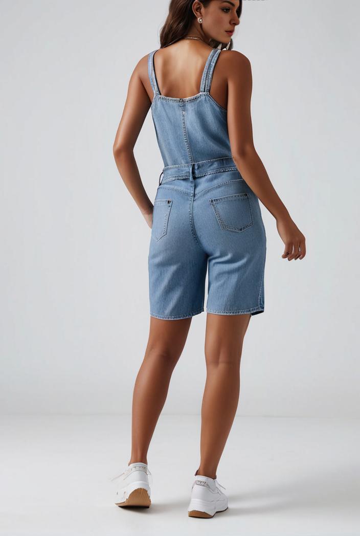 blue denim jumpsuit with distressed ripped details for women 129261