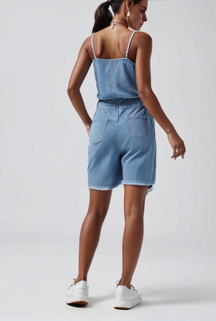 blue denim jumpsuit with distressed ripped details for women 129262