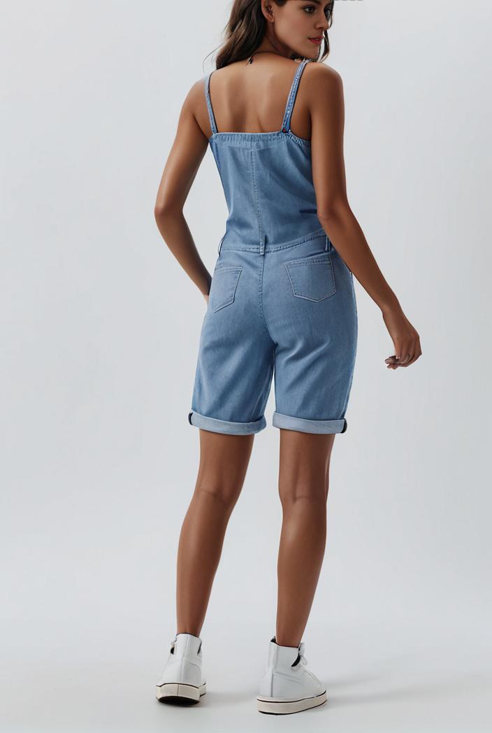 blue denim jumpsuit with distressed ripped details for women 129263