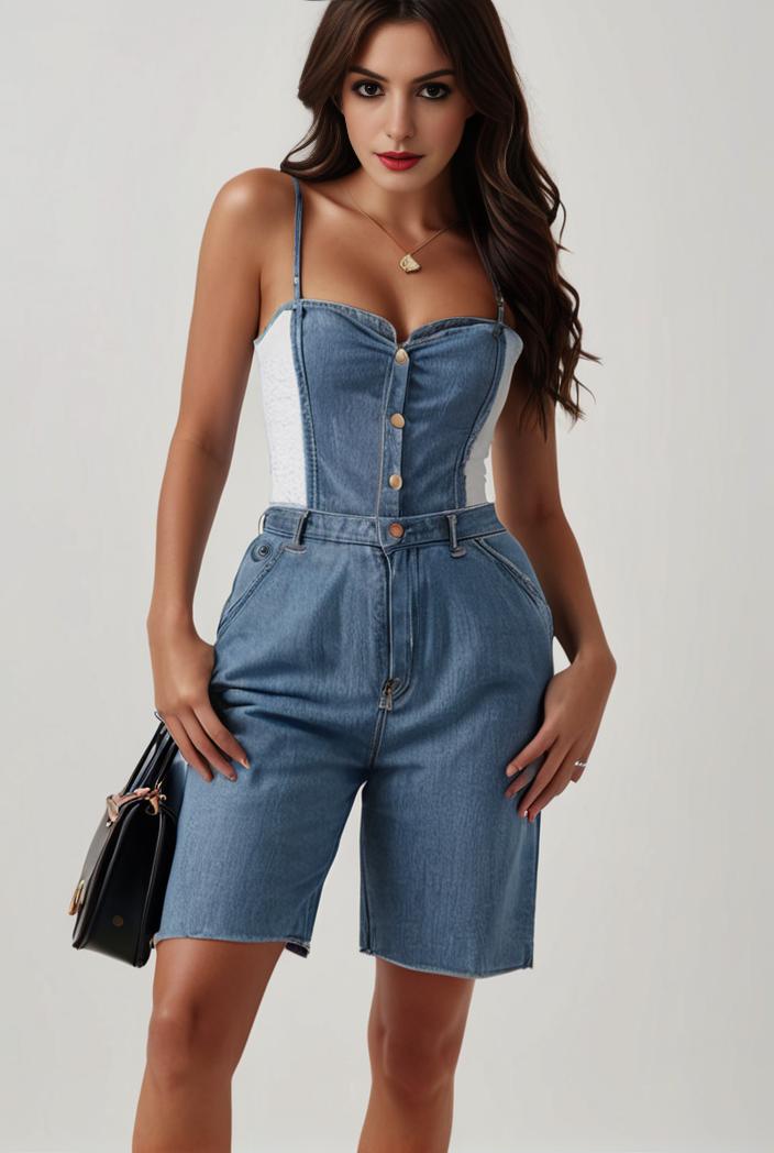 blue denim jumpsuit with distressed ripped details for women 129268