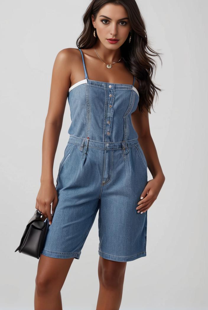 blue denim jumpsuit with distressed ripped details for women 129270