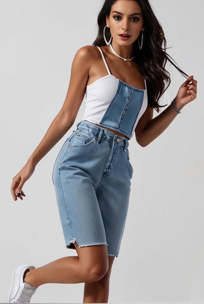 blue denim jumpsuit with distressed ripped details for women 129274