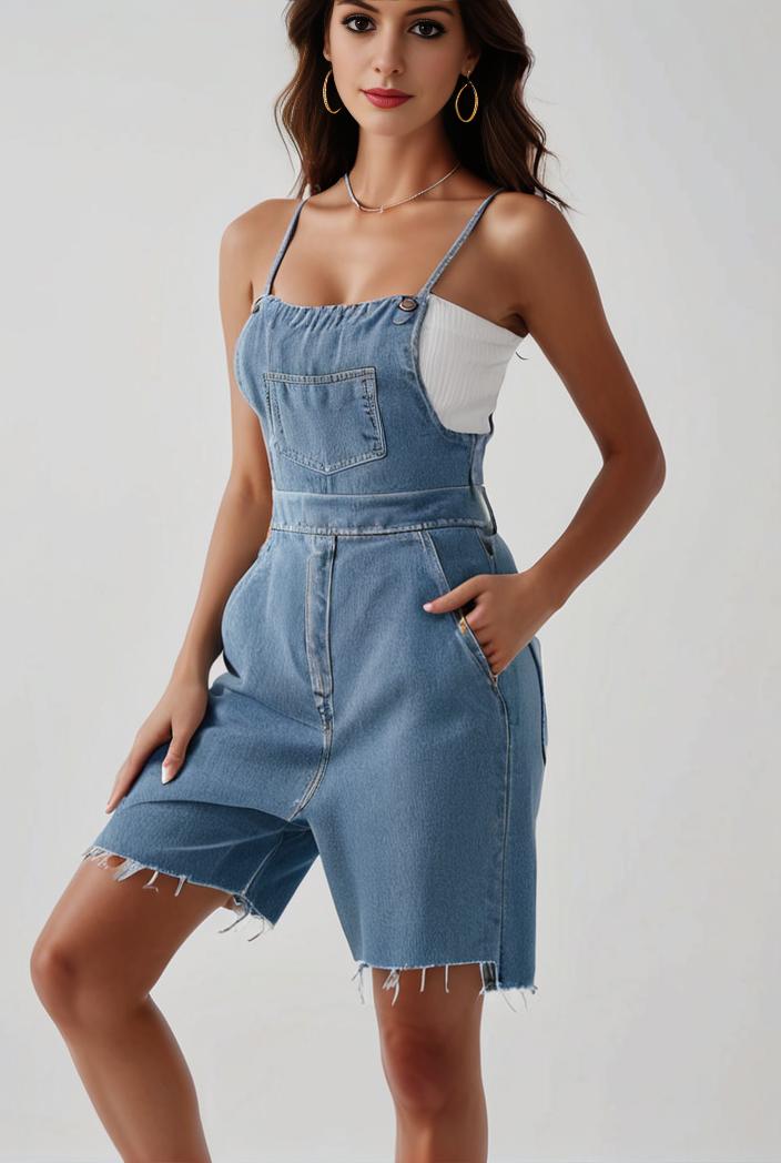 blue denim jumpsuit with distressed ripped details for women 129285