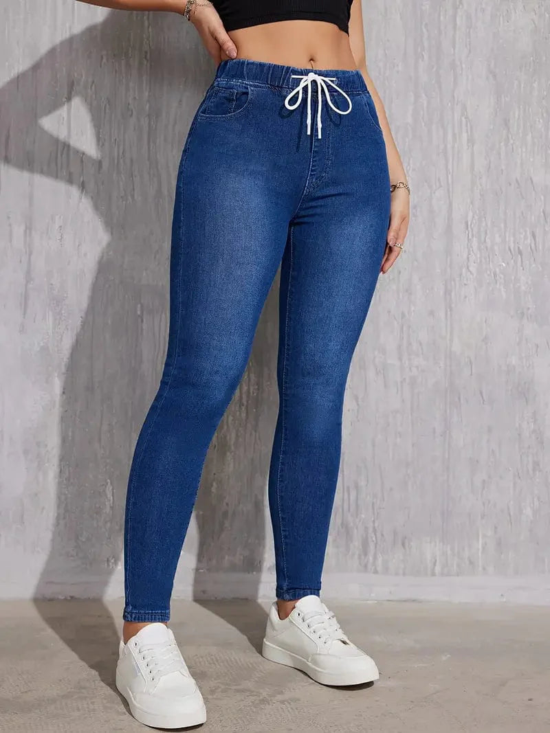 Slim Fit Drawstring Denim Jeans with Elastic Waist for Women
