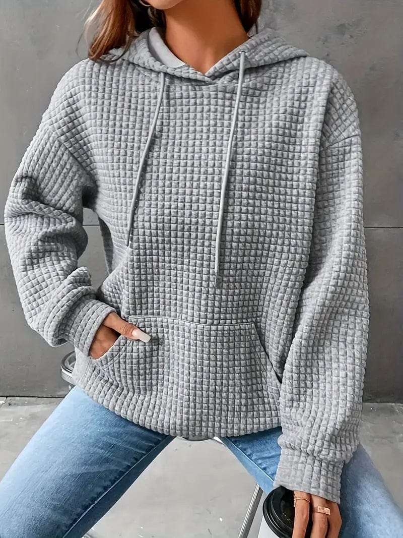 Waffle Grid Kangaroo Pocket Hoodie, Long Sleeve Drawstring Hoodies for Women