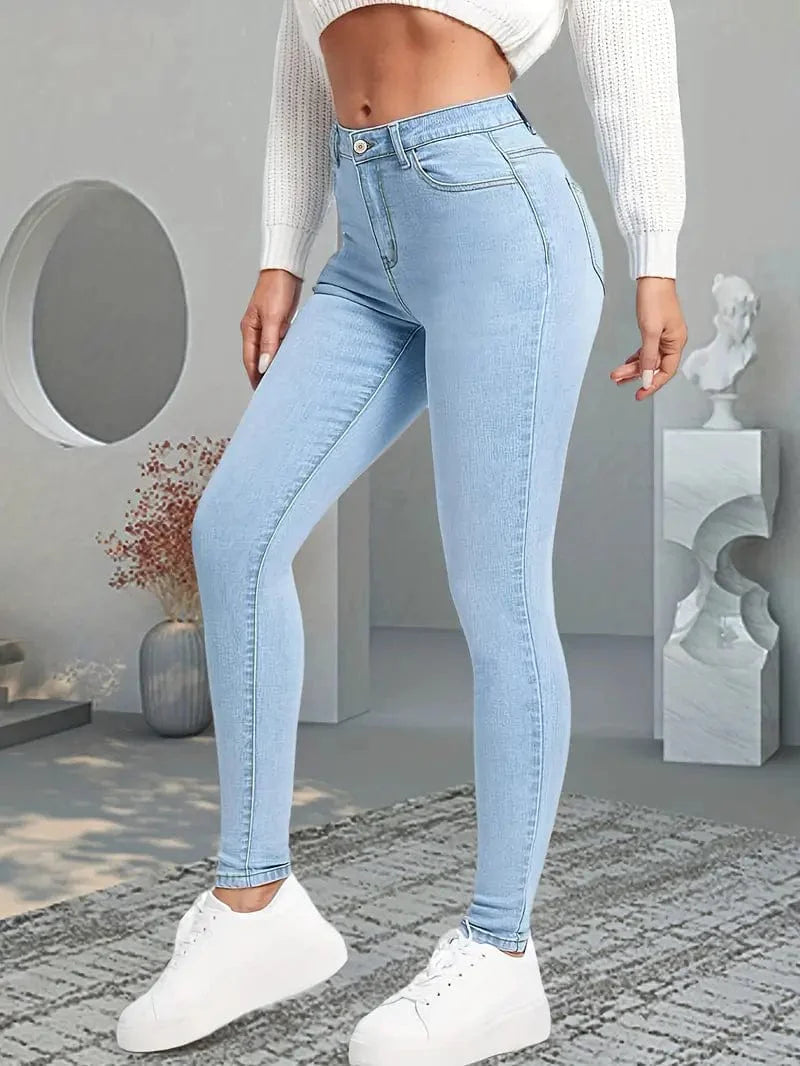 Navy Blue Slim Fit Skinny Denim Pants, High-Stretch Slant Pockets & High Rise Jeans for Women