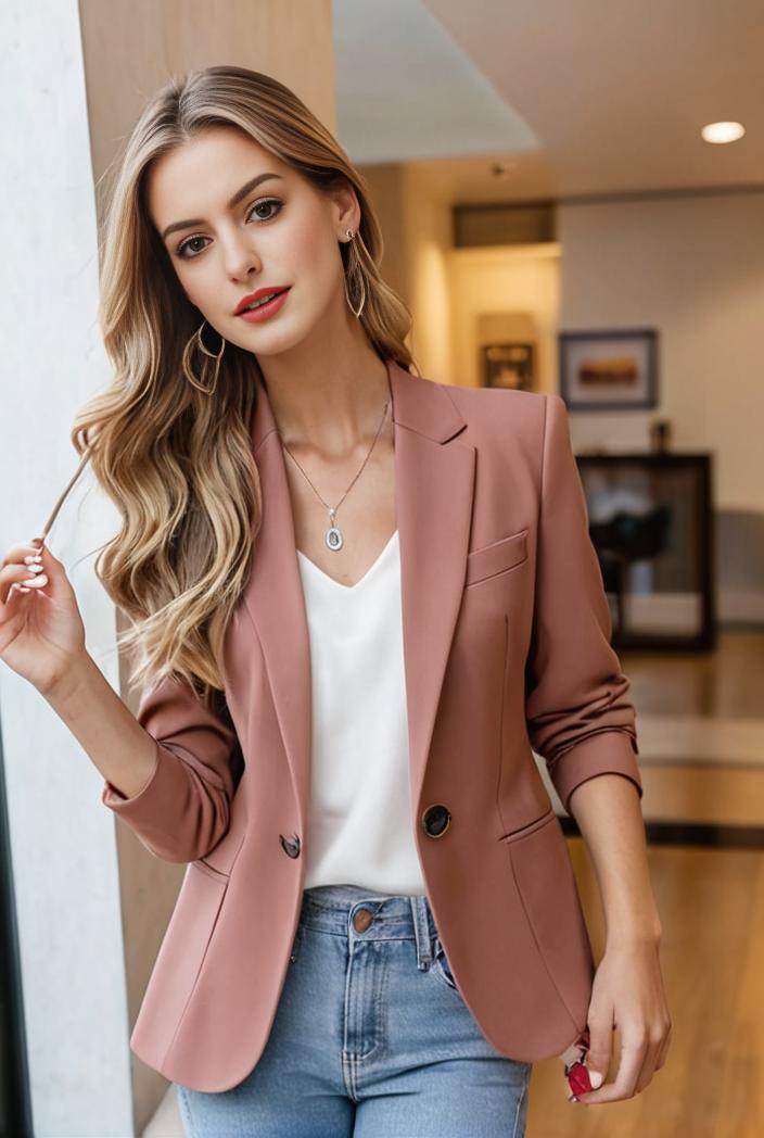 ladies solid button up blazer with long sleeves casual lapel design 146324