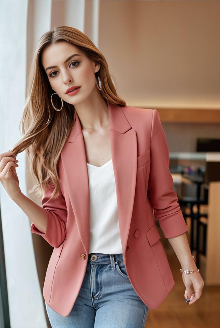 ladies solid button up blazer with long sleeves casual lapel design 146328