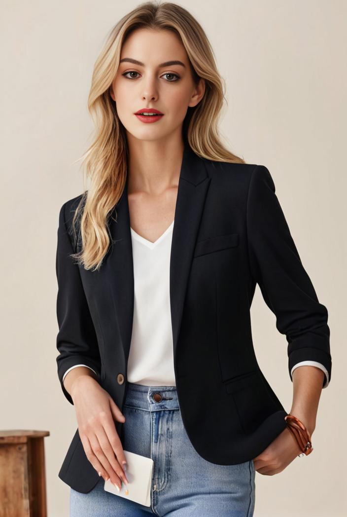 ladies solid button up blazer with long sleeves casual lapel design 146340