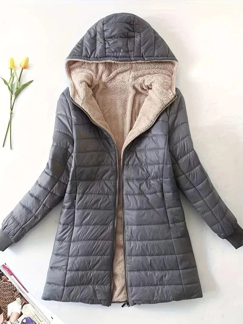 Solid Hooded Zip Up Coat for Women, Long Sleeve Winter Warm Outerwear