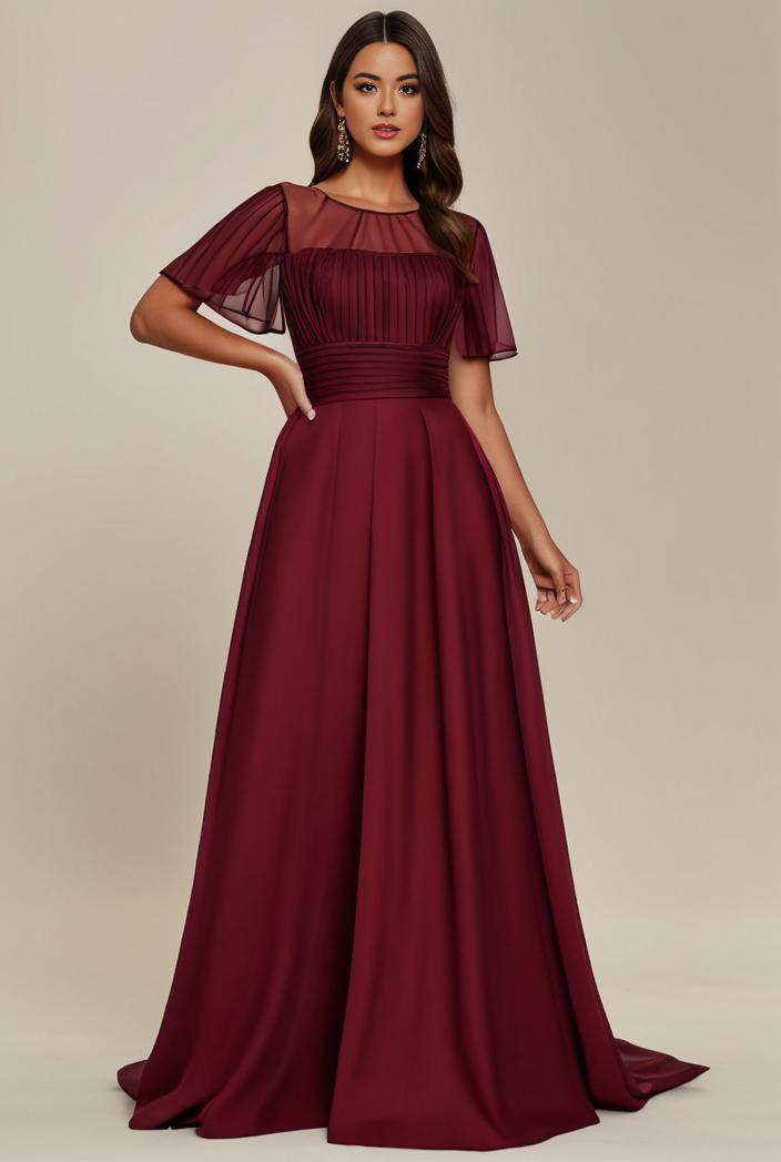 plus size simple chiffon pleated a line round neckline bridesmaid dress 112927