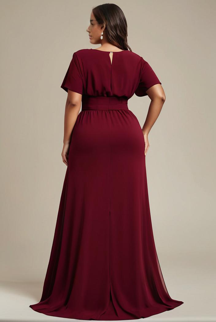 plus size simple chiffon pleated a line round neckline bridesmaid dress 112933