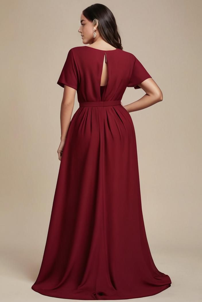 plus size simple chiffon pleated a line round neckline bridesmaid dress 112932