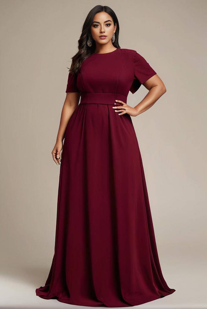 plus size simple chiffon pleated a line round neckline bridesmaid dress 112939