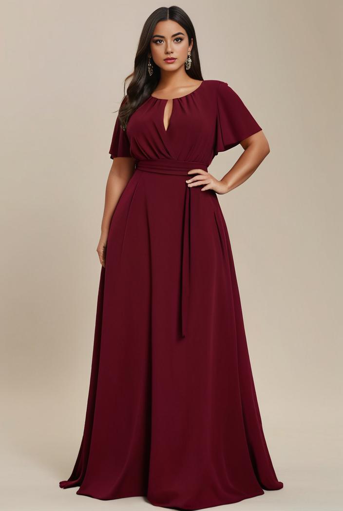 plus size simple chiffon pleated a line round neckline bridesmaid dress 112943