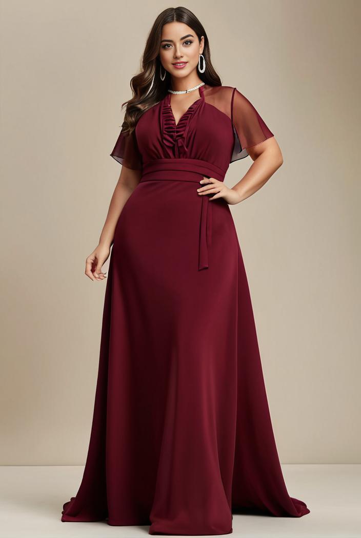 plus size simple chiffon pleated a line round neckline bridesmaid dress 112945