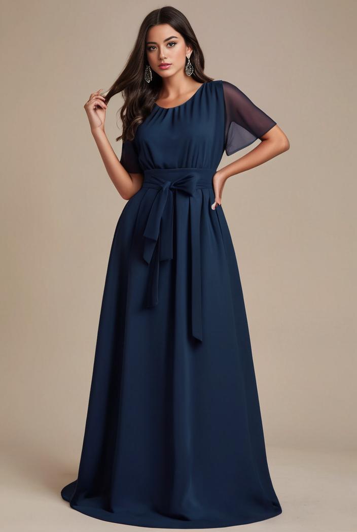 plus size simple chiffon pleated a line round neckline bridesmaid dress 112948