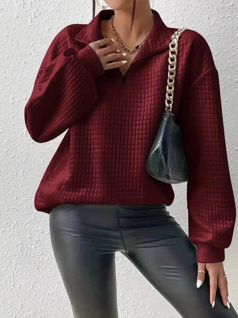 Waffle Grid Quarter Zip Pullover - Stylish Women's Fall & Winter Sweatshirt
