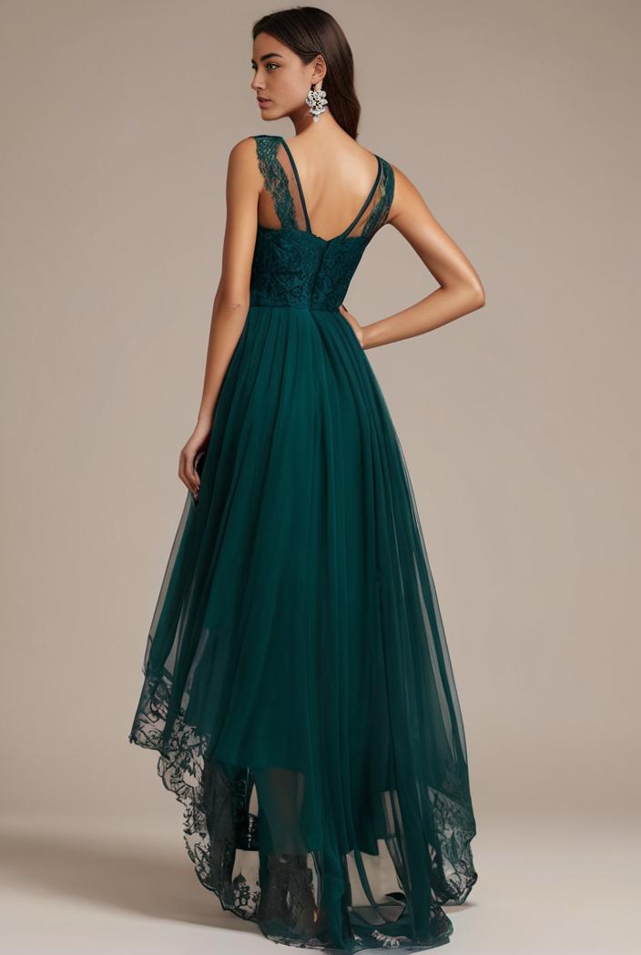 sequin bodice tulle high low evening dress with ribbon waist 115325