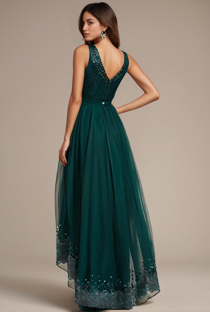 sequin bodice tulle high low evening dress with ribbon waist 115328