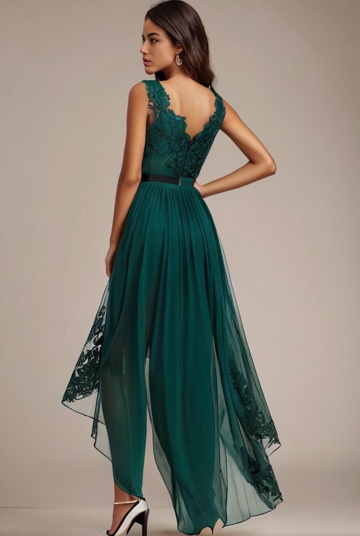 sequin bodice tulle high low evening dress with ribbon waist 115329