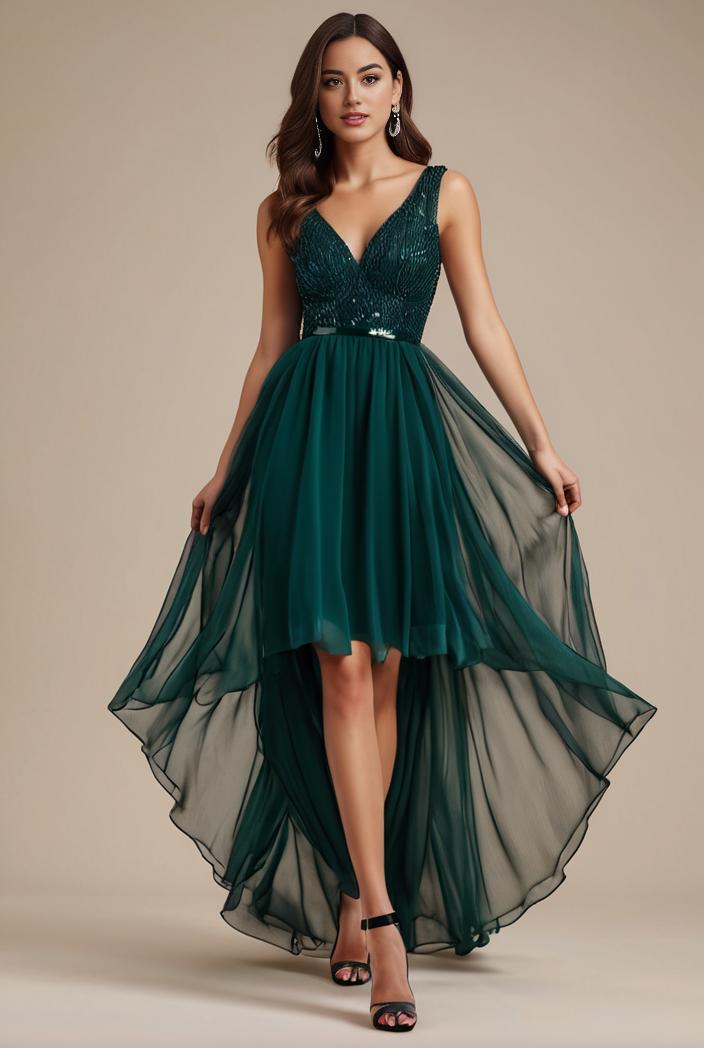 sequin bodice tulle high low evening dress with ribbon waist 115332