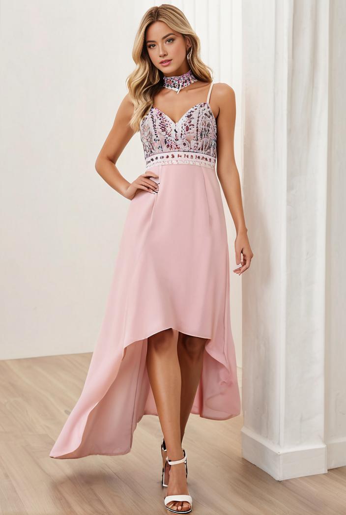 sequin bodice tulle high low evening dress with ribbon waist 115347