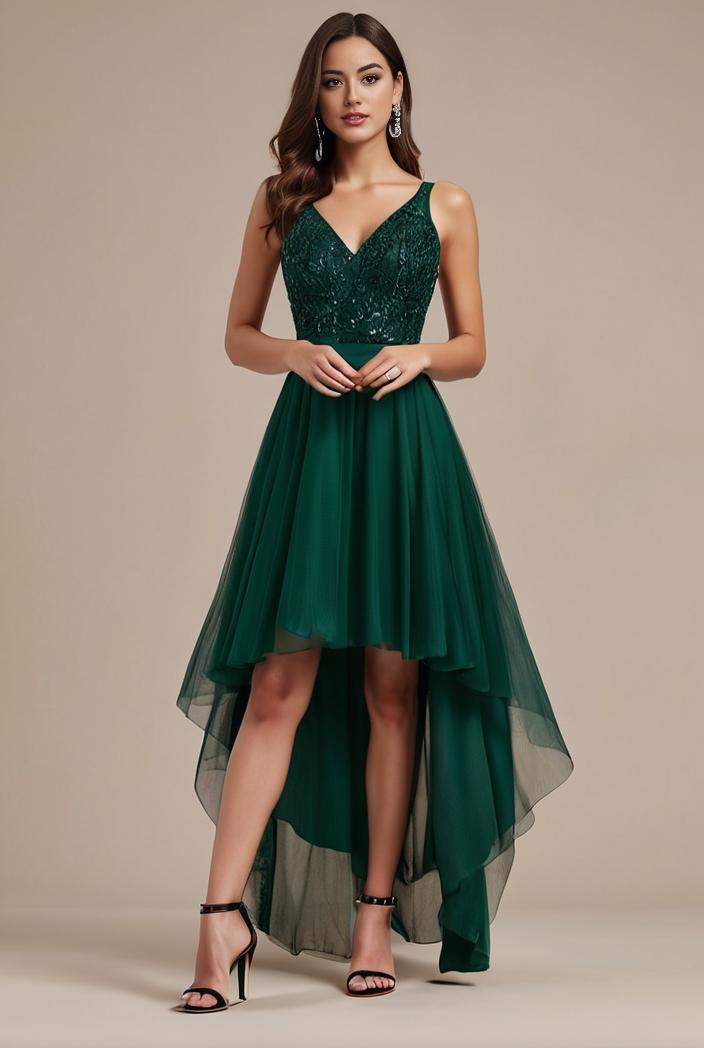sequin bodice tulle high low evening dress with ribbon waist 115348