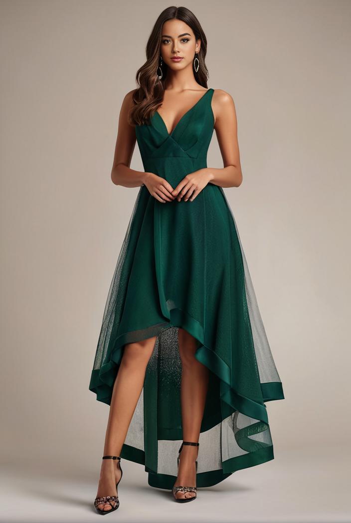 sequin bodice tulle high low evening dress with ribbon waist 115349