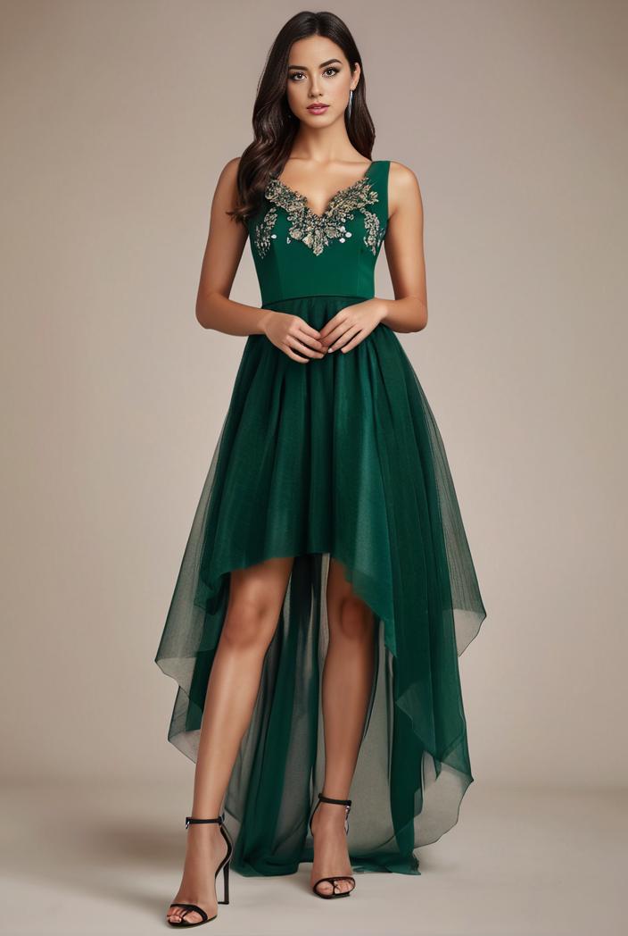sequin bodice tulle high low evening dress with ribbon waist 115350