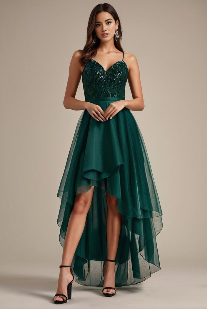 sequin bodice tulle high low evening dress with ribbon waist 115351