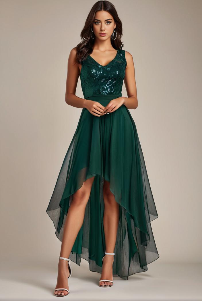 sequin bodice tulle high low evening dress with ribbon waist 115352