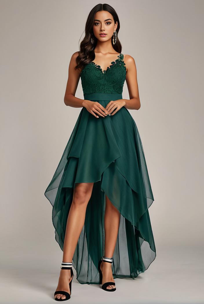 sequin bodice tulle high low evening dress with ribbon waist 115354