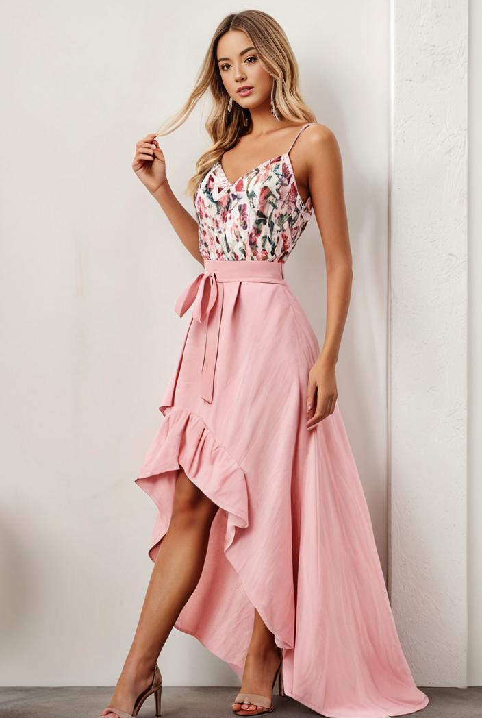 sequin bodice tulle high low evening dress with ribbon waist 115357