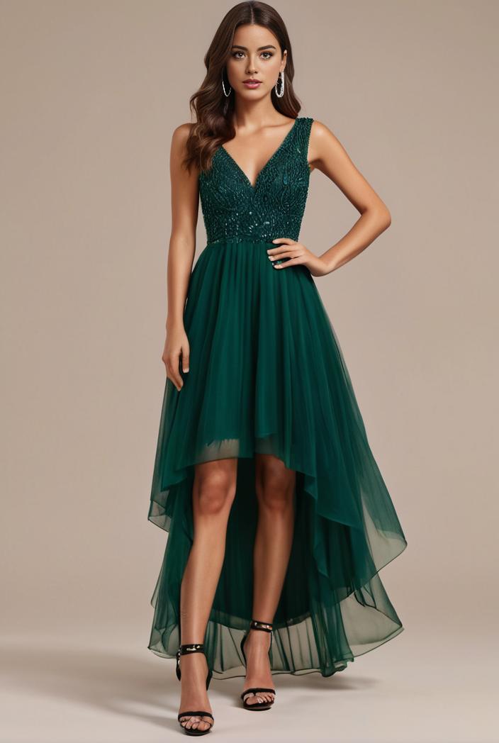 sequin bodice tulle high low evening dress with ribbon waist 115364
