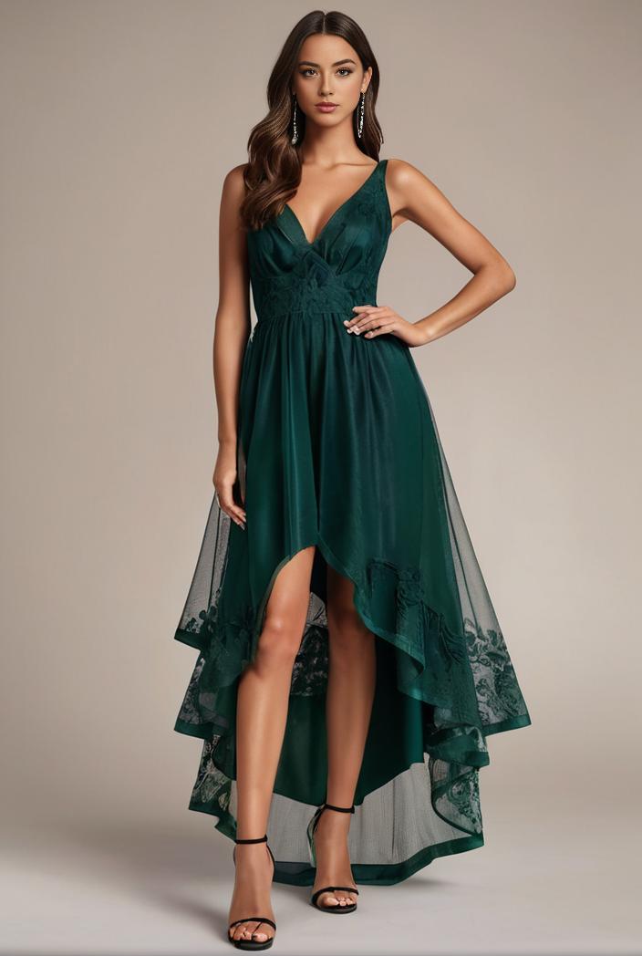 sequin bodice tulle high low evening dress with ribbon waist 115365
