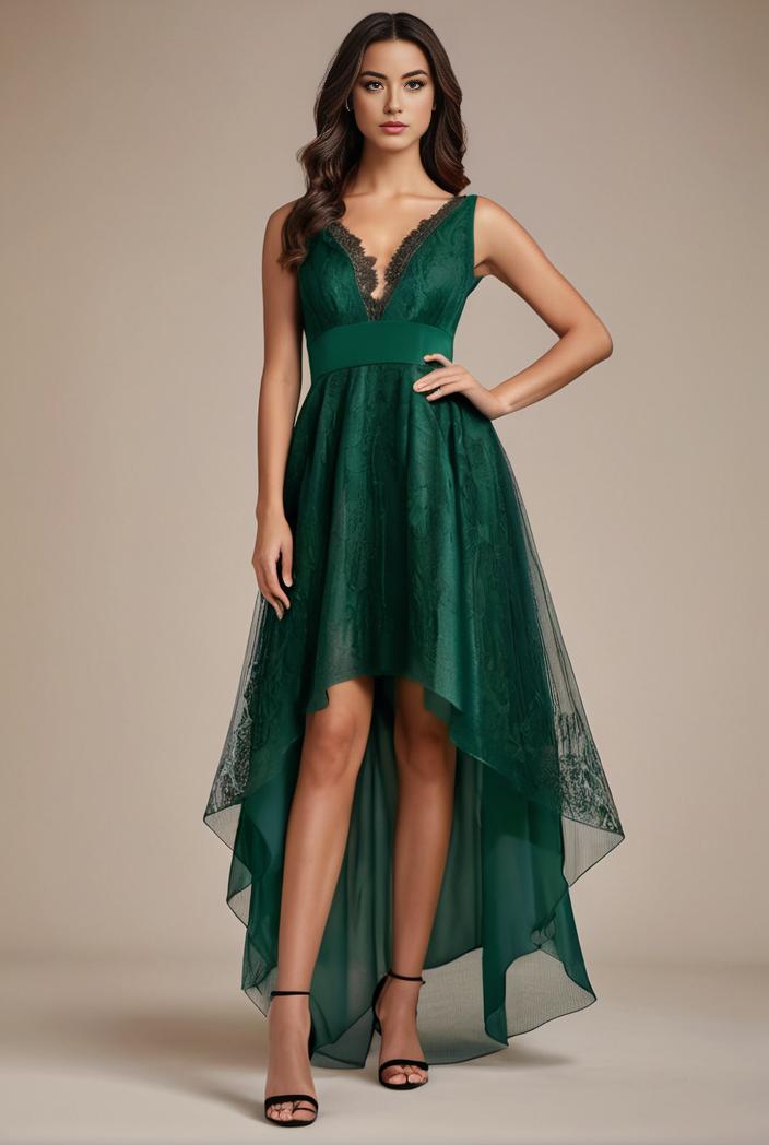 sequin bodice tulle high low evening dress with ribbon waist 115366