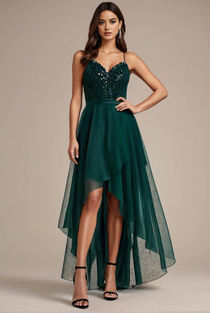 sequin bodice tulle high low evening dress with ribbon waist 115367